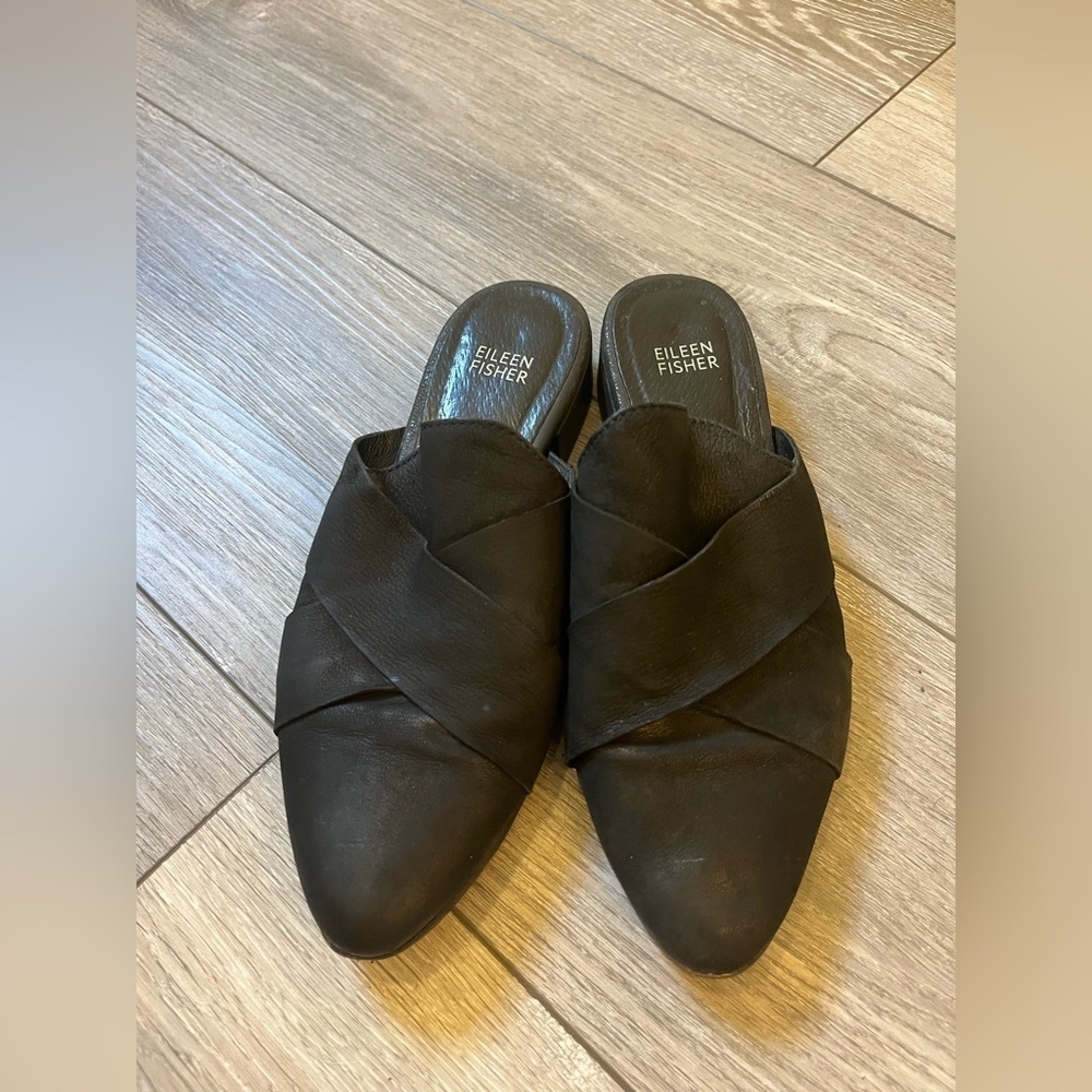 Eileen Fisher Women’s Black Leather Low Heel Mules Size 7.5
